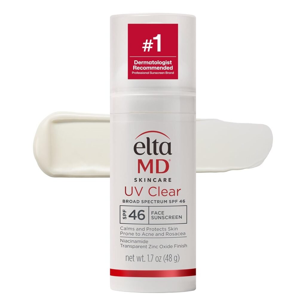 An airless pump bottle of EltaMD UV Clear Broad-Spectrum SPF 46, highlighting dermatologist-recommended luxury skincare products for sun protection.