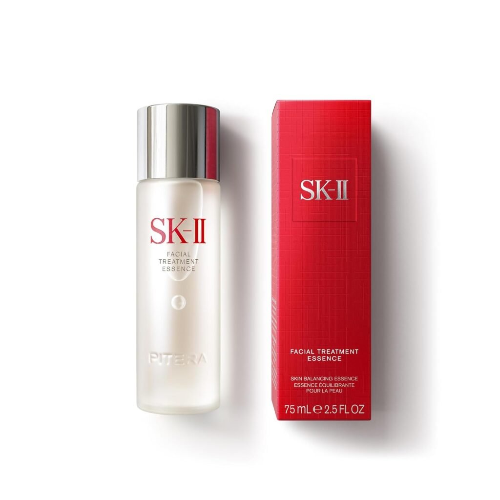 An elegant frosted glass bottle of SK-II Facial Treatment Essence, showcasing premium luxury skincare products for texture smoothing.