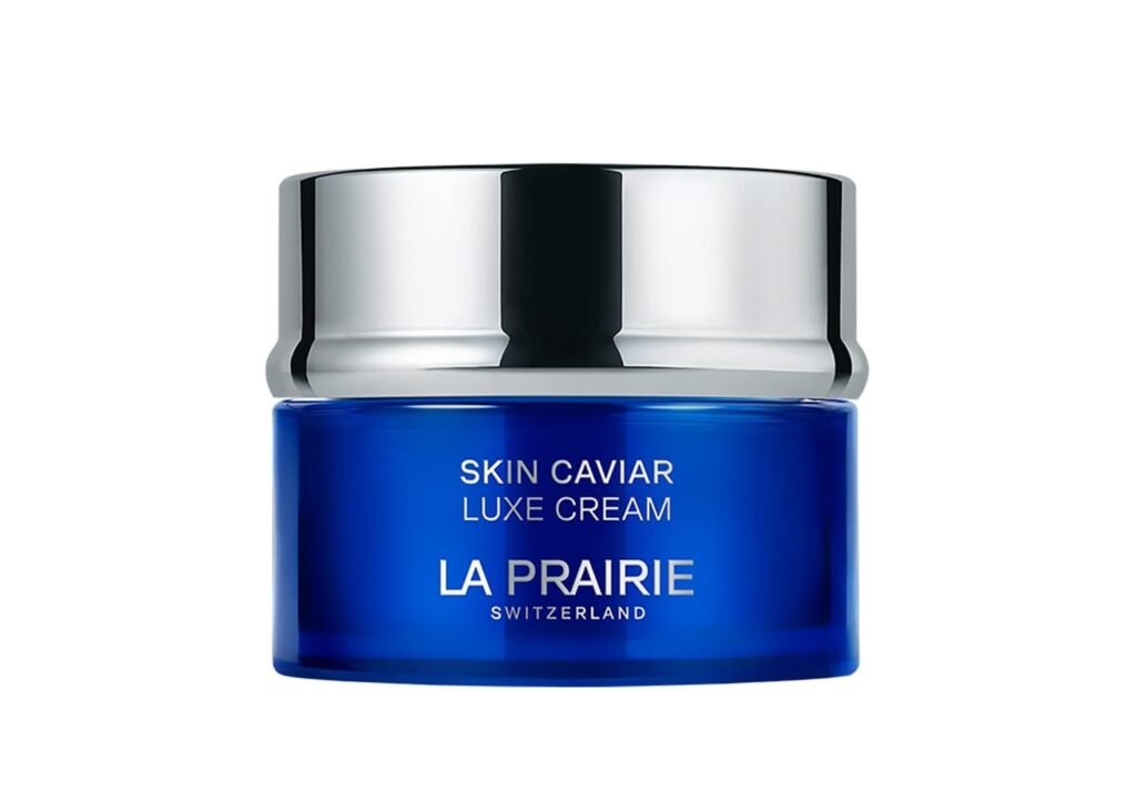 A signature deep blue jar of La Prairie Skin Caviar Luxe Cream, illustrating ultra-premium luxury skincare products for skin lifting.
