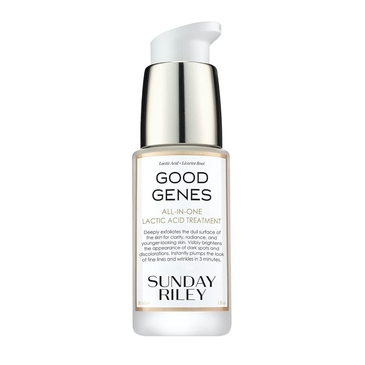 A white pump bottle of Sunday Riley Good Genes Lactic Acid Treatment, showcasing exfoliating luxury skincare products for dark spots.